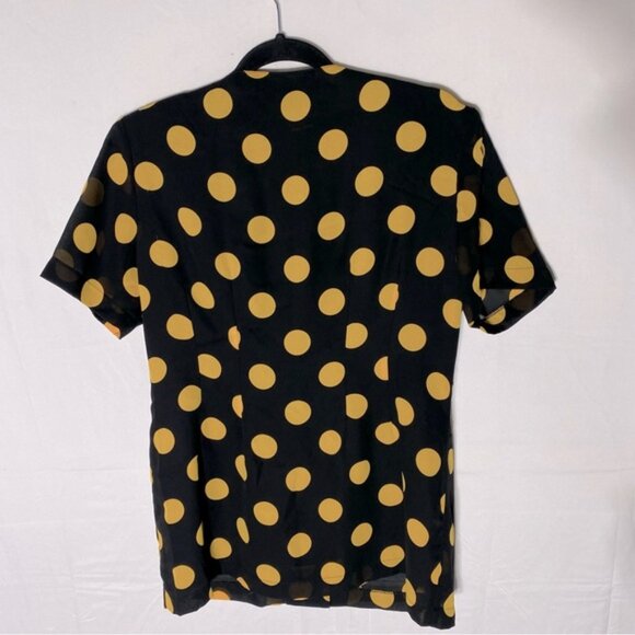 Vintage Black Yellow Polkadot Short Sleeve Button Front Polyester Blouse L - Picture 2 of 14